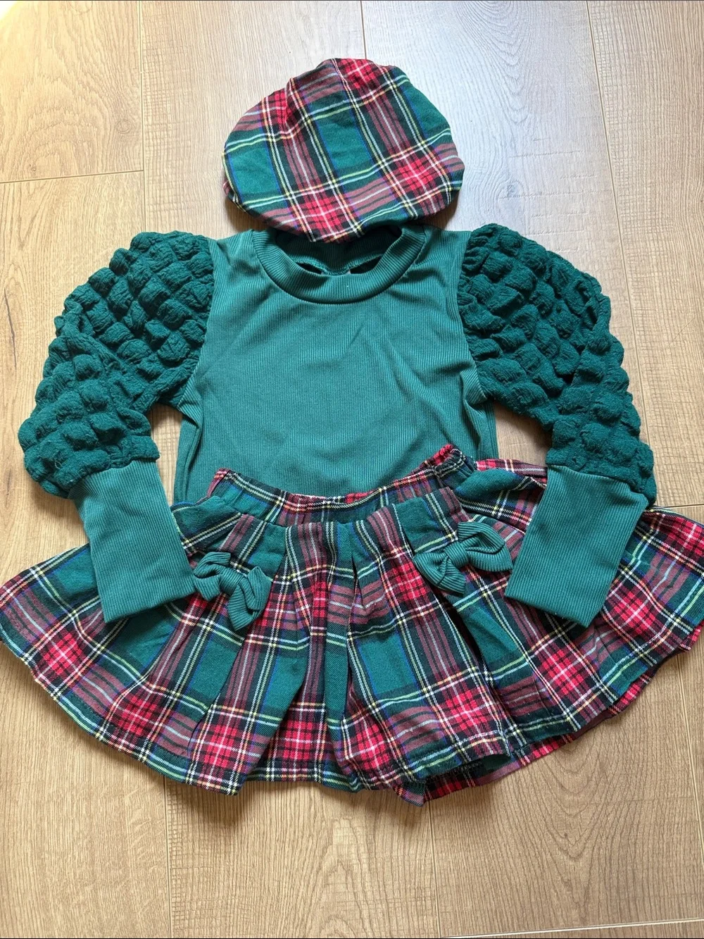 Girls Green Plaid Skirt & Top Set with Hat